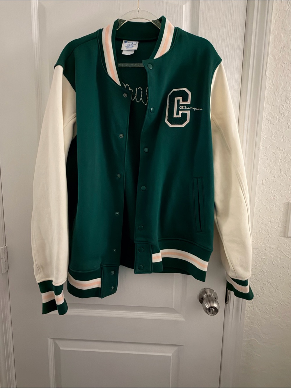 Champion Green and Cream Varsity Jacket with Pink Trim